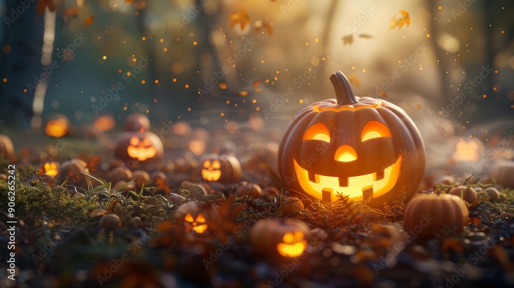 Charming 3D pumpkin patch with happy faces glowing in the night Charming 3D pumpkin patch with happy faces glowing in the night