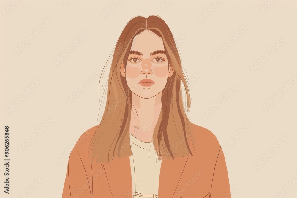 Chinese minimalism illustration, portrait of a Caucasian woman with straight light brown hair wearing a tailored boho blazer over a graphic tee, standing with her hands casually at her sides Chinese minimalism illustration, portrait of a Caucasian woman with straight light brown hair wearing a tailored boho blazer over a graphic tee, standing with her hands casually at her sides
