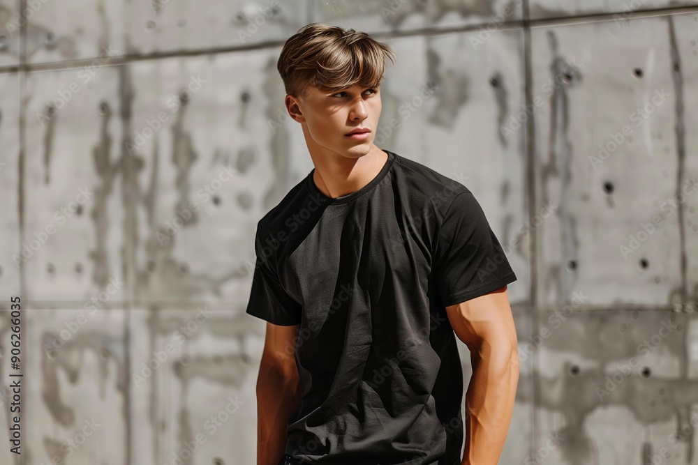Young man in black shirt posing against concrete wall. Young man in black shirt posing against concrete wall.