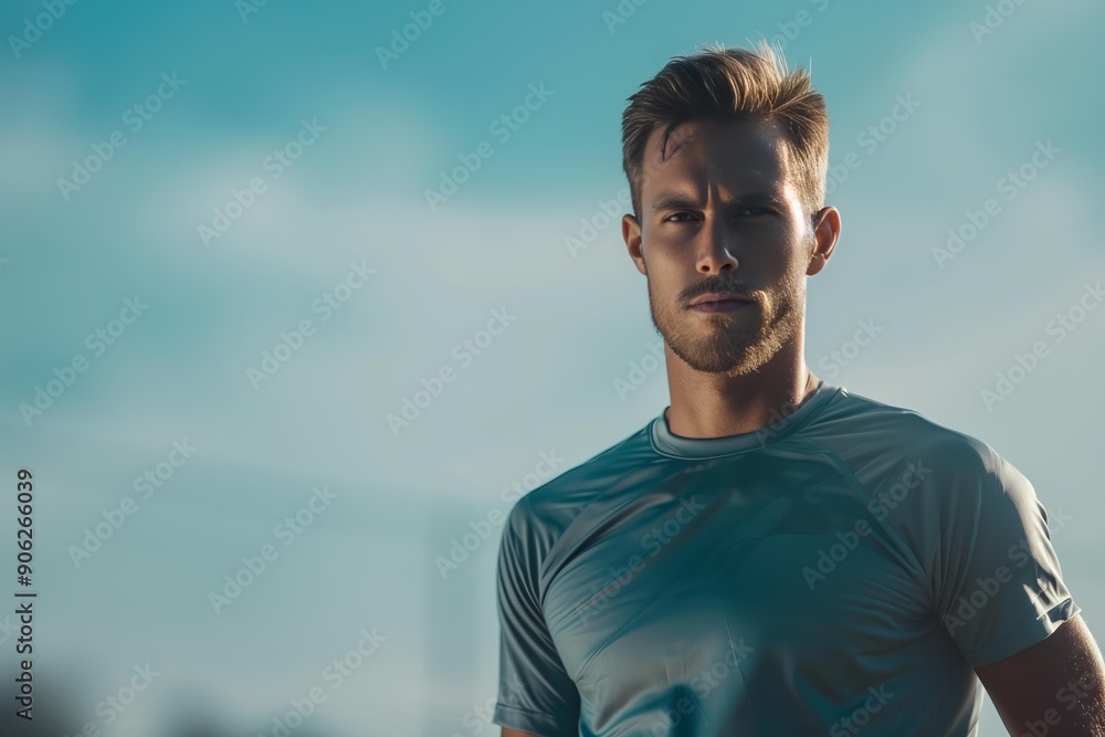 Man in athletic wear standing outdoors with blue sky Man in athletic wear standing outdoors with blue sky