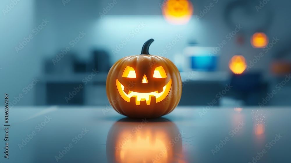 Charming 3D jack-o'-lantern with a happy face and glowing eyes Charming 3D jack-o'-lantern with a happy face and glowing eyes