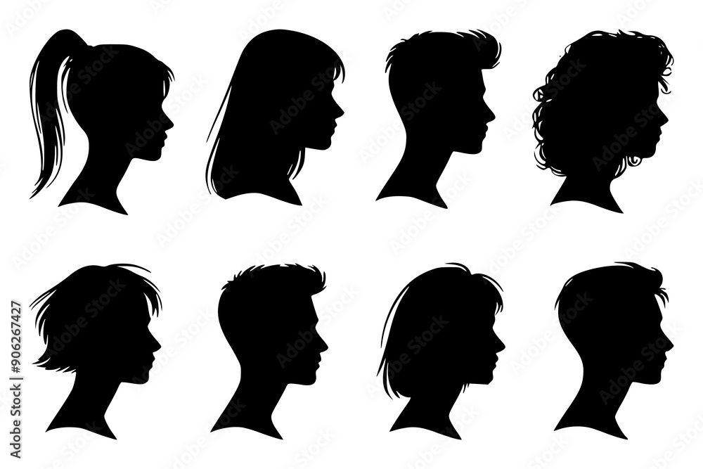 Set of profile face silhouettes in black, featuring different people. Includes man and woman head silhouettes, ideal for anonymous portraits and vector design elements. Set of profile face silhouettes in black, featuring different people. Includes man and woman head silhouettes, ideal for anonymous portraits and vector design elements.