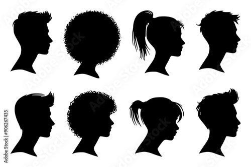 Collection of silhouette heads with profile faces of different people. Includes silhouettes of man and woman heads. Ideal for vector designs and anonymous face portraits.