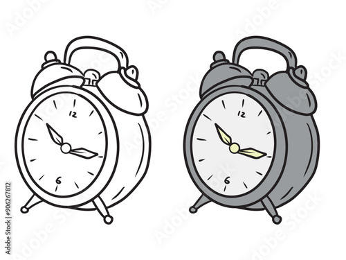Alarm clock with 10.15 PM as a concept of school break, early wake up in black isolated on white background. Hand drawn vector sketch illustration in doodle engraved vintage line art style