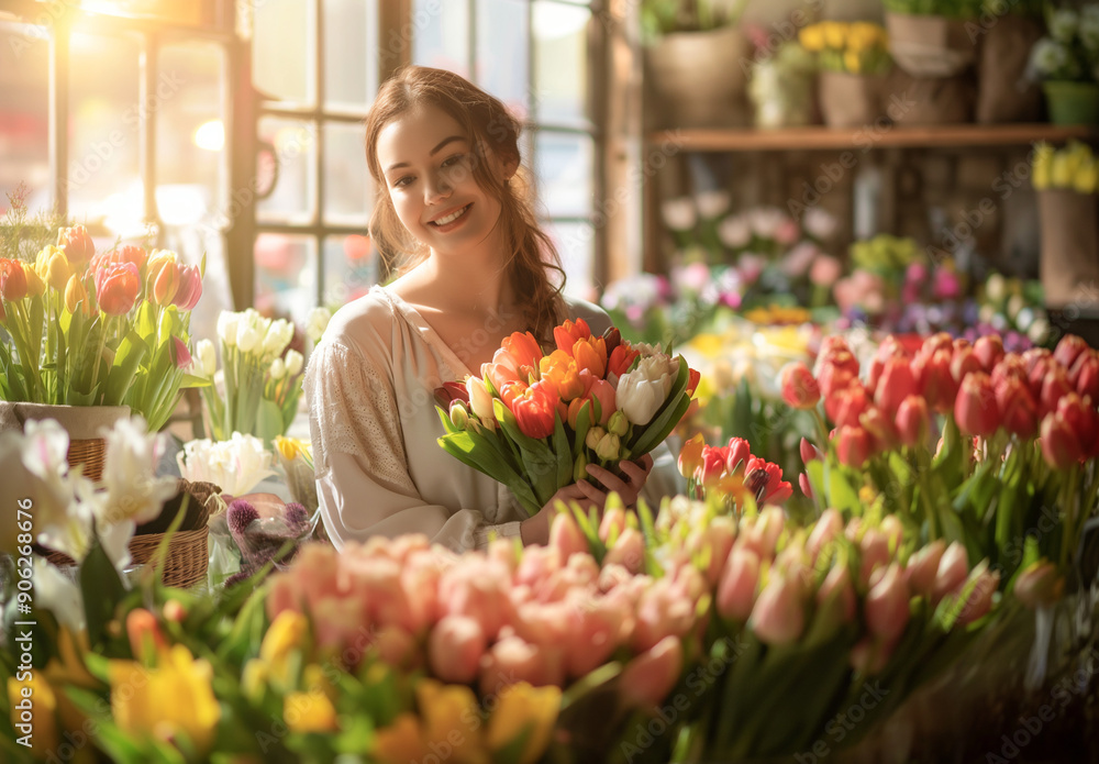 florist making beautiful bouquet in flower shop, young woman smiling and among many different flowers, sunlight from big window. there is empty space for text florist making beautiful bouquet in flower shop, young woman smiling and among many different flowers, sunlight from big window. there is empty space for text