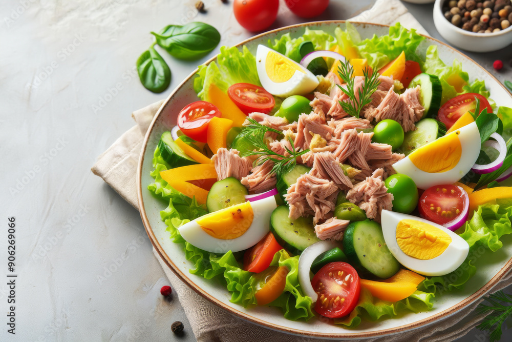 A salad with a variety of vegetables and a piece of meat A salad with a variety of vegetables and a piece of meat