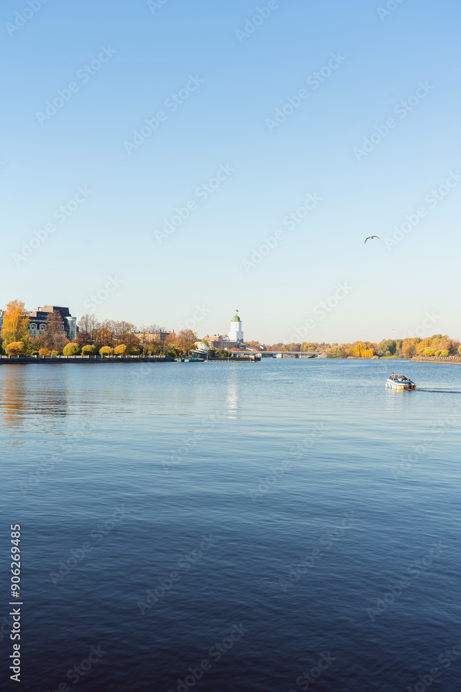 Fototapeta premium motor boat sailing at Wiborgs bay