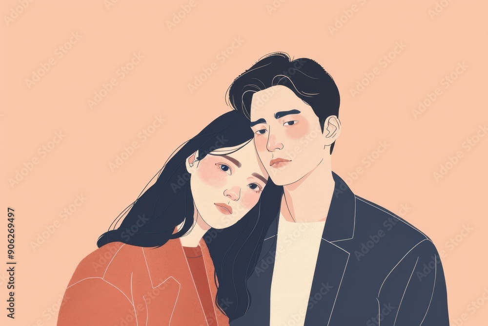 Chinese minimalism illustration, portrait of a fair-skinned couple, woman with medium-length straight indigo hair, wearing a cardigan; man with short, straight black hair, wearing a blazer, woman Chinese minimalism illustration, portrait of a fair-skinned couple, woman with medium-length straight indigo hair, wearing a cardigan; man with short, straight black hair, wearing a blazer, woman