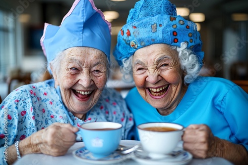 5. A nurse and an elderly patient sitting at a table in a retirement home dining area, sharing a laugh over a cup of tea