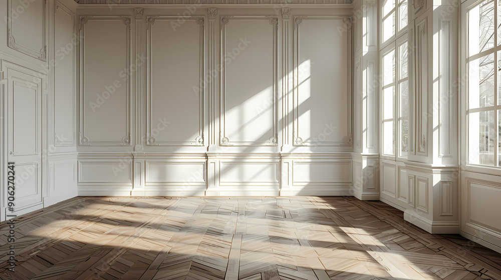 Fototapeta premium A spacious room with large windows and intricate white moldings creates a classic and elegant feel, with sunlight streaming through the windows casting shadows on the herringbone patterned wooden floo