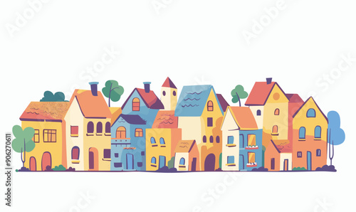 Colorful cartoon houses lined up charming neighborhood scene. Residential street various styled homes, trees, pastel colors, playful design. Quaint suburban town illustration, serene, kidfriendly