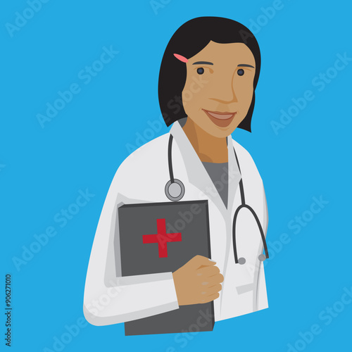 icon of a female doctor carrying files with a stethoscope around his neck on a blue background