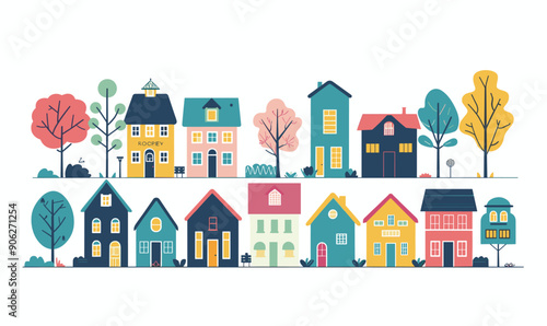 Colorful suburban neighborhood illustration, various house designs, stylized trees. Quaint village scene, residential area, cheerful homes, tranquil setting. Flat design aesthetic, vibrant community