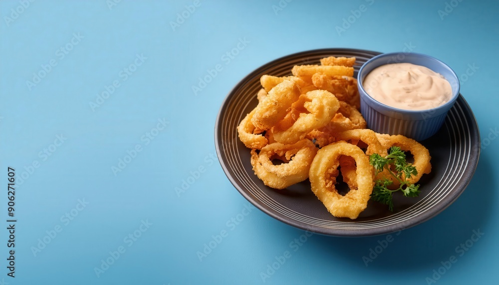 Crispy fried calamari served on a plate alongside a creamy dipping sauce, perfect for appetizers and seafood lovers. Crispy fried calamari served on a plate alongside a creamy dipping sauce, perfect for appetizers and seafood lovers.