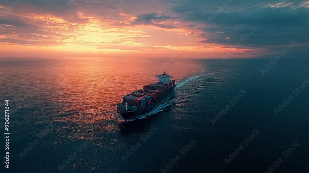 A container ship sailing in the ocean, aerial view, photo realistic style, cinematic, dark blue sea, sun shining through clouds,