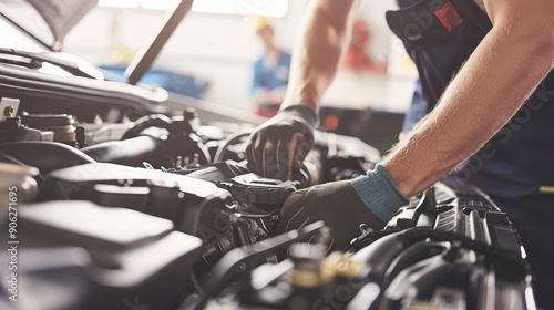 Experienced mechanic repairing car engine in an automotive repair workshop setting