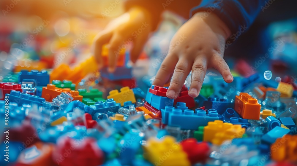 Preschool child building colorful block tower at home or daycare center for creative play Preschool child building colorful block tower at home or daycare center for creative play