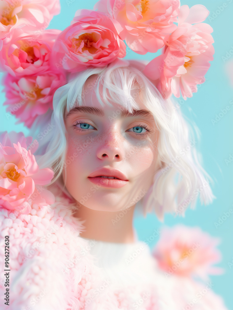 Elegant woman with white hair adorned with pink flowers, set against a pastel blue background. Fashion-forward and whimsical concept with a contemporary and vibrant aesthetic. Elegant woman with white hair adorned with pink flowers, set against a pastel blue background. Fashion-forward and whimsical concept with a contemporary and vibrant aesthetic.