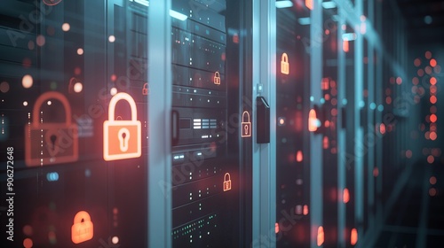 A computer server room with many red locks on the doors. Digital security background. Hologram digital security