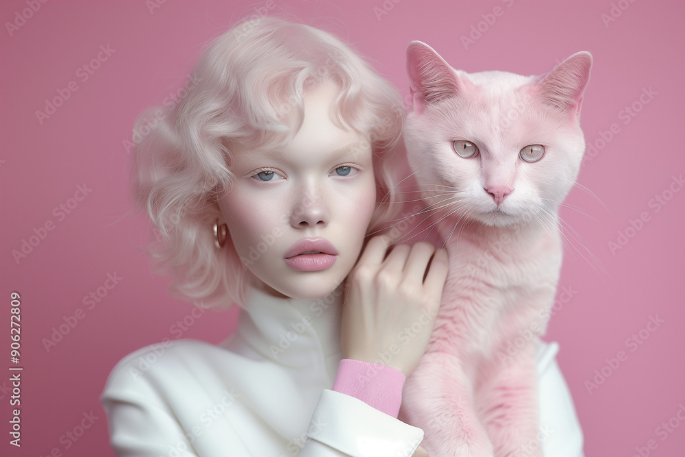 A minimalist portrait of a young woman with delicate features and a soft pink cat, both posed gracefully against a pastel pink background. A harmonious blend of modern fashion and companionship. A minimalist portrait of a young woman with delicate features and a soft pink cat, both posed gracefully against a pastel pink background. A harmonious blend of modern fashion and companionship.