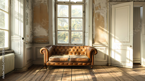 A vintage brown leather chesterfield sofa sits in a sunlit room with peeling paint on the walls, adding a touch of faded grandeur to the space. photo