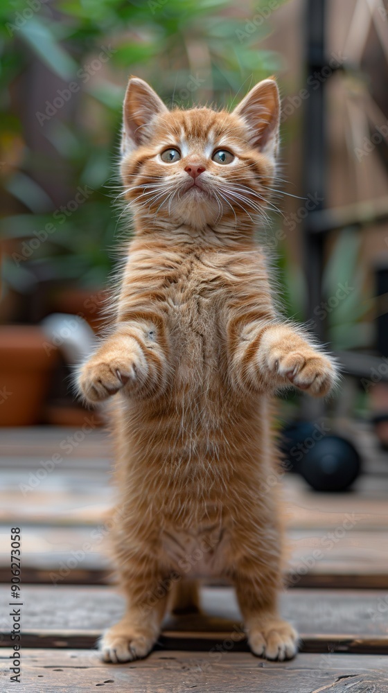 A kitten standing like a human, orange cat, arms spread, fat, super cute, looking at the camera A kitten standing like a human, orange cat, arms spread, fat, super cute, looking at the camera