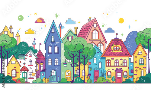 Colorful cartoon houses trees vibrant neighborhood whimsical architecture. Brightly colored homes different styles cute design sunny day. Cheerful suburb line art bushes clouds playful town