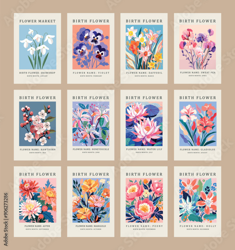 Silkscreen printing retro groovy trippy psychedelic poster art simple minimal 1960's. Birth month flowers collection. Birth flowers vintage floral illustrations retro flower market