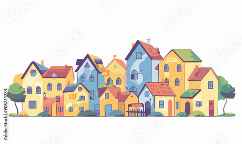 Colorful cartoon houses clustered together, lush green trees, peaceful neighborhood. Simplistic architecture, varying roof designs, pastel palette. No people, bright, welcoming atmosphere, suburban