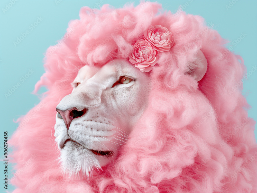 A majestic white lion with soft pink curls and delicate flowers in its mane, exuding royal elegance against a cool turquoise backdrop. A surreal fusion of fantasy and wildlife. A majestic white lion with soft pink curls and delicate flowers in its mane, exuding royal elegance against a cool turquoise backdrop. A surreal fusion of fantasy and wildlife.