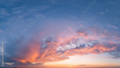 Ideal for Sky replacement project: Panoramic, colorful pink-orange-blue dramatic sky with clouds illuminated by red sunset, aerial photography, far horizon without obstacles.