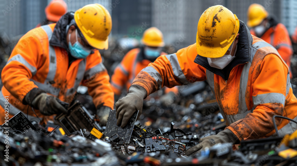 A group of workers wearing orange and yellow clothing are working in a pile of trash. The workers are wearing masks and gloves, and they are sorting through the trash. A group of workers wearing orange and yellow clothing are working in a pile of trash. The workers are wearing masks and gloves, and they are sorting through the trash.