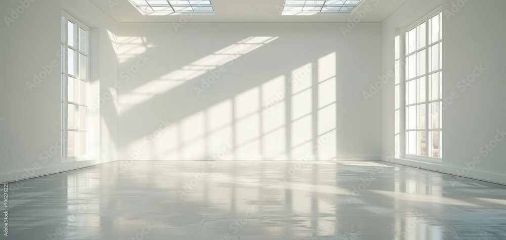 Obraz premium Spacious empty room with large windows, natural light, and clean white walls. Perfect for modern interiors and architectural designs. hallway to the showroom and workshop to discover our full range