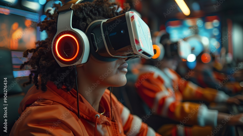 A group of young individuals fully immersed in a virtual reality gaming experience, wearing advanced VR headsets and illuminated headphones. A group of young individuals fully immersed in a virtual reality gaming experience, wearing advanced VR headsets and illuminated headphones.