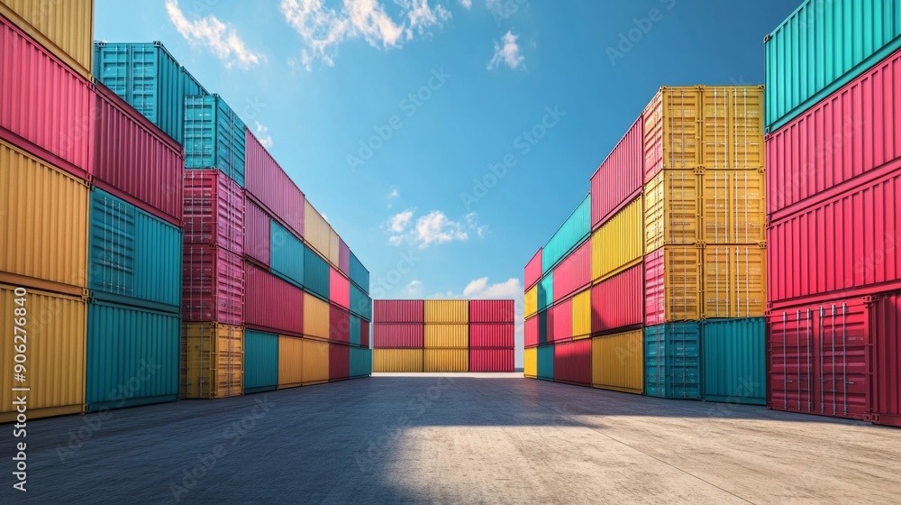 Fototapeta premium Colorful sea cargo containers stacked in dock area for transport and business at blue sky background