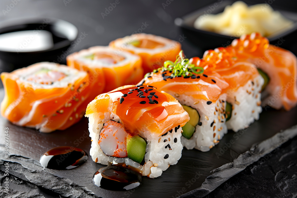 A plate of sushi with a black background. The sushi is cut into small pieces and has a sauce on it A plate of sushi with a black background. The sushi is cut into small pieces and has a sauce on it