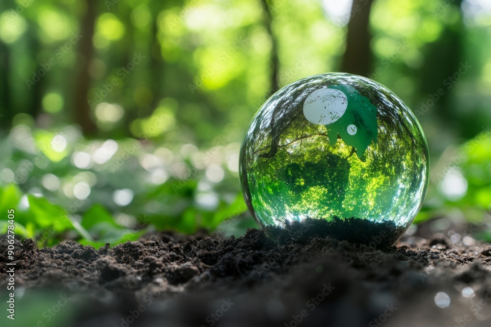 green crystal ball with icons of environmentally friendly technology green crystal ball with icons of environmentally friendly technology