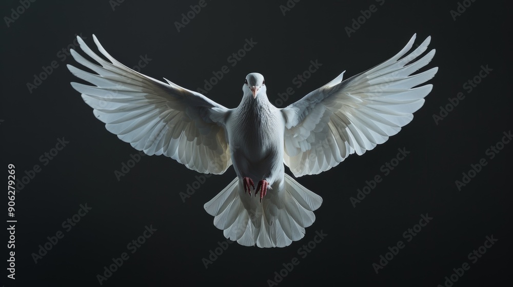 Fototapeta premium Flying dove. Pigeon on a black background.