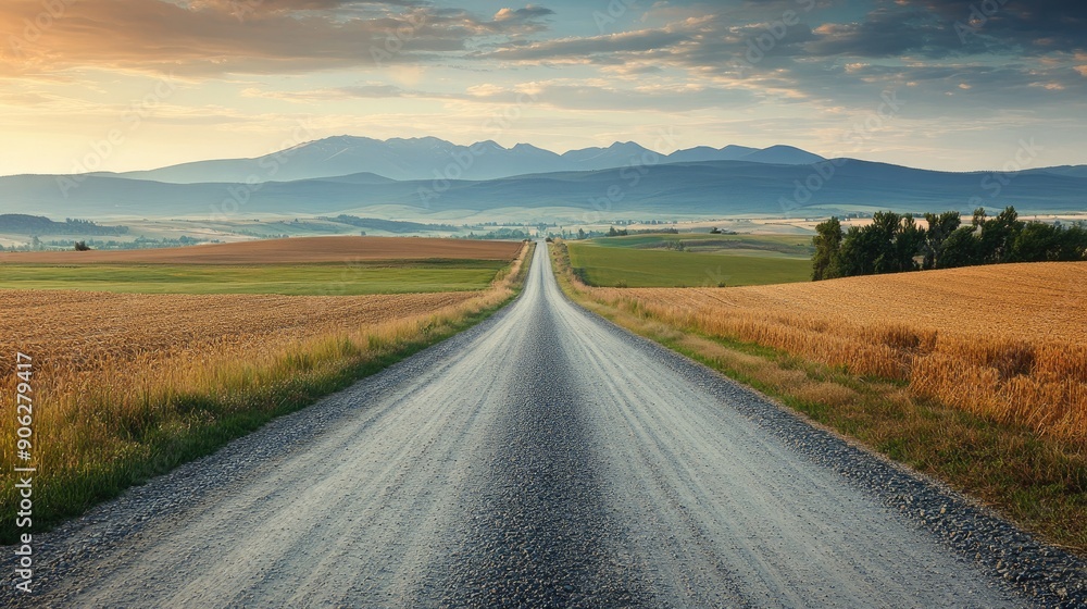 Deserted gravel road leading to the horizon, with a scenic view of endless fields and distant mountains Deserted gravel road leading to the horizon, with a scenic view of endless fields and distant mountains