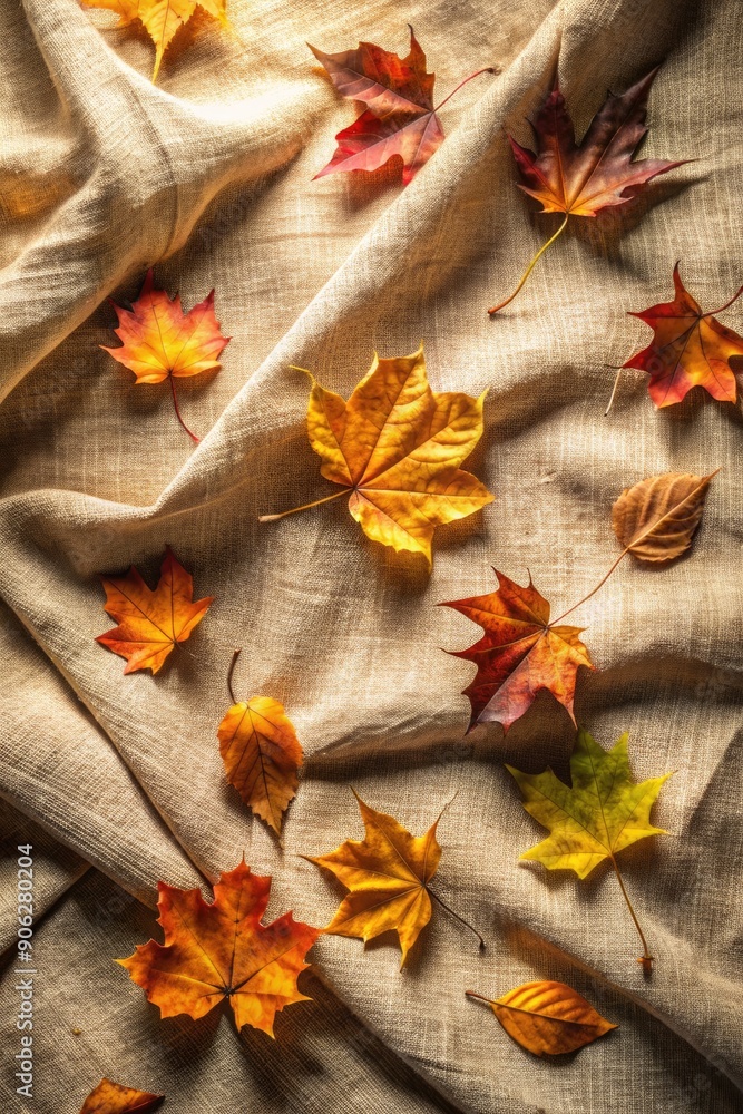Autumn leaves scattered on a cozy beige fabric. Autumn leaves scattered on a cozy beige fabric.