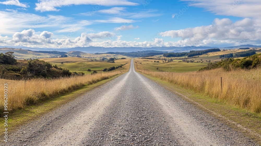 Isolated gravel road extending into the distance, with an expansive view of nature and the horizon Isolated gravel road extending into the distance, with an expansive view of nature and the horizon