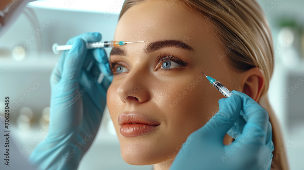 Aesthetic shot of a woman receiving a cosmetic injection under her eye, highlighting precision and care. Suitable for beauty and wellness advertisements. Aesthetic shot of a woman receiving a cosmetic injection under her eye, highlighting precision and care. Suitable for beauty and wellness advertisements.