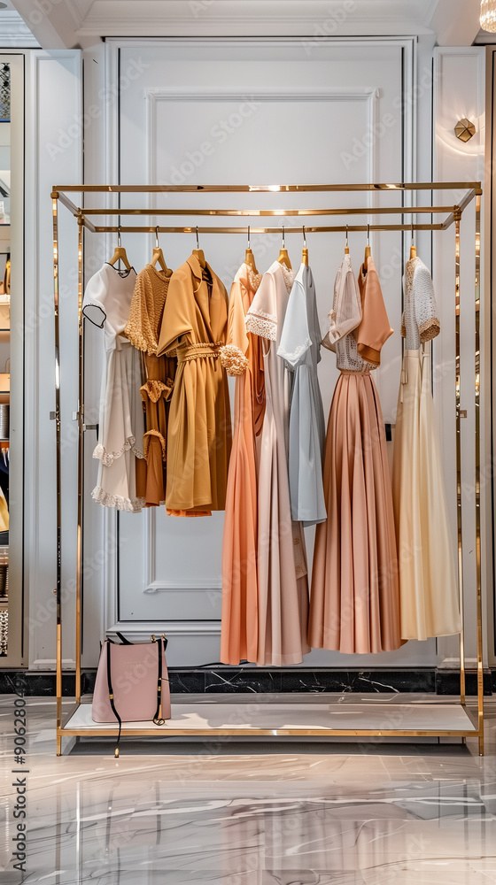 A minimalist clothing rack showcasing a curated collection of neutral-toned garments. The clean, white background and simple styling highlight the soft textures and muted colors of the clothing. A minimalist clothing rack showcasing a curated collection of neutral-toned garments. The clean, white background and simple styling highlight the soft textures and muted colors of the clothing.