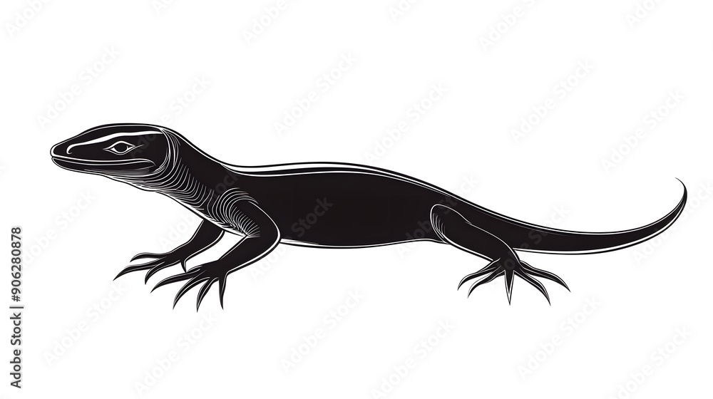 Naklejka premium Black silhouette of Monitor lizard illustration icon for logo, isolated on white background