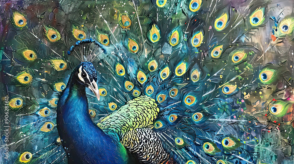 Fototapeta premium Peacock Spreading Its Majestic Feathers in a Dazzling AI Generative