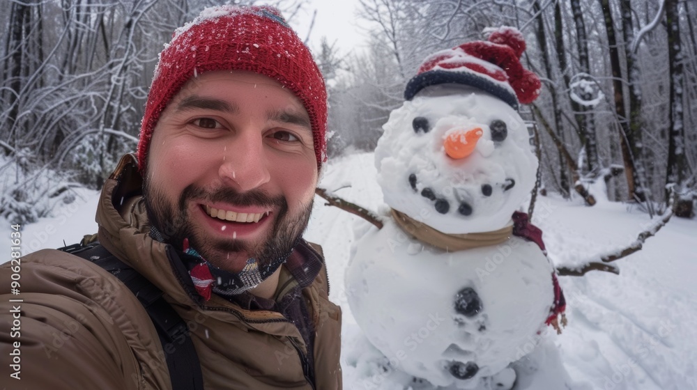 Fototapeta premium A man in winter clothes takes a selfie with a snowman