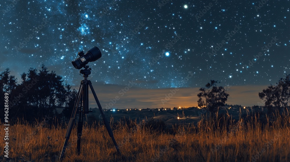 A tripod setup for astrophotography with built-in stabilization and real-time data overlay capturing constellations with a natural landscape background, highlighting the intricate star patterns A tripod setup for astrophotography with built-in stabilization and real-time data overlay capturing constellations with a natural landscape background, highlighting the intricate star patterns