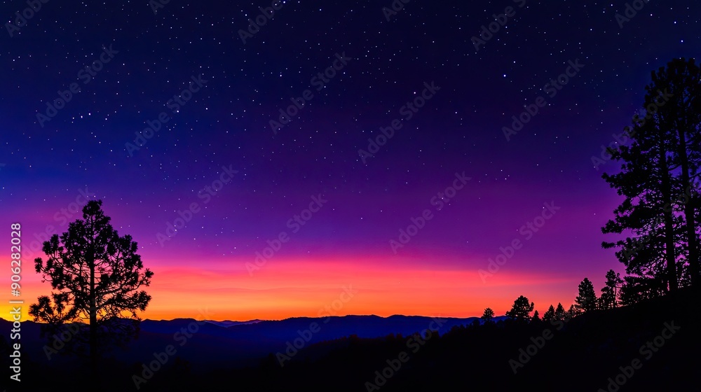 Naklejka premium Vibrant gradient sky at night, merging sunset colors with a starry night, showcasing nature's beauty