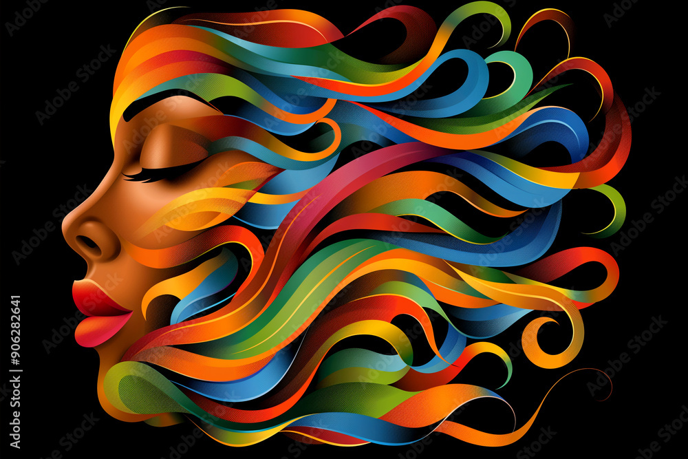 A colorful head with a black background. The hair is long and has many different colors. The hair is very curly and has a lot of texture A colorful head with a black background. The hair is long and has many different colors. The hair is very curly and has a lot of texture