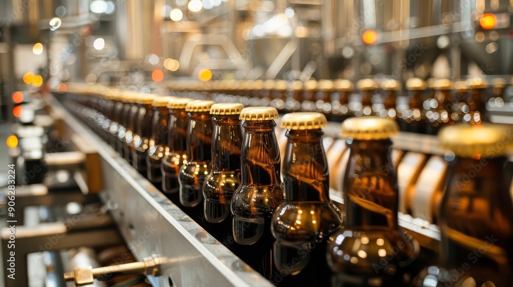 A bottling plant with rows of beer bottles moving along a conveyor belt, all with golden caps A bottling plant with rows of beer bottles moving along a conveyor belt, all with golden caps